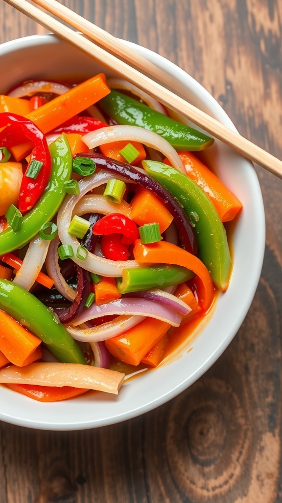 Rainbow Quartz Onion Stir-Fry Colorful onion stir-fry with bell peppers, snap peas, and carrots, garnished with green onions on a rustic table.